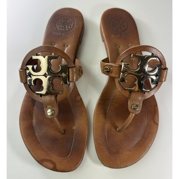 *Damaged Tory Burch Miller Leather Thong Sandals Flat Flip Flops Gold Logo 7.5 M - Picture 10 of 16